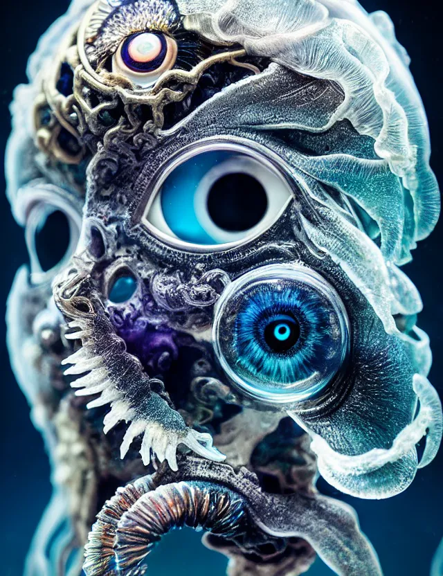 Image similar to eye of god macro close - up portrait with mask made of ram skull. betta fish, jellyfish phoenix, plasma, ice, water, wind, creature, super intricate ornaments artwork by tooth wu and wlop and beeple and greg rutkowski