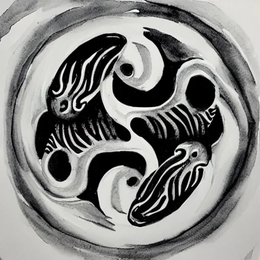 Image similar to whimsical yin Yang sea creatures, ink and wash