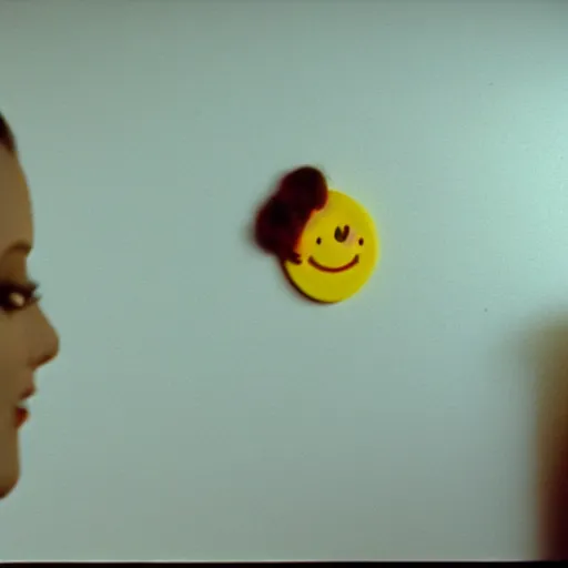 Image similar to still from a 1994 arthouse film about a depressed woman dressed as an inflatable smiley who meets a handsome younger man in a seedy motel room, color film, 16mm soft light, weird art on the wall