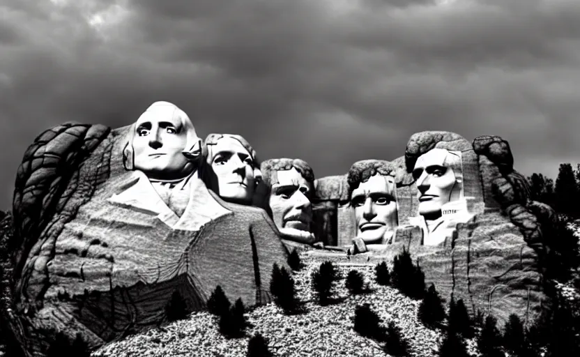 Image similar to mt. rushmore reimagined with heroic native american leaders, dramatic sky, epic environment and background, cinematic