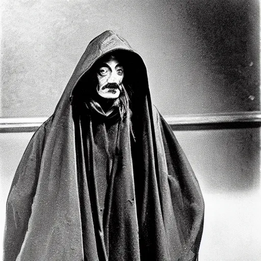 Image similar to salvador dali wearing a dark hooded cloak