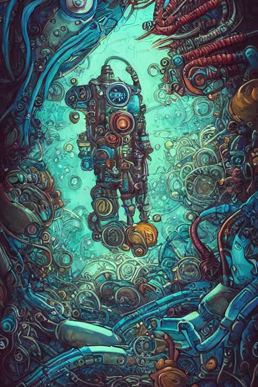 Image similar to a picture of mysterious colourful underwater creature, being discovered by a man in a steampunk diving suit. water is deep aquamarine coloured. poster art by james jean, concept art, behance contest winner, very detailed, award - winning. lovecraftian, cosmic horror, bioluminescence, submechanophobia