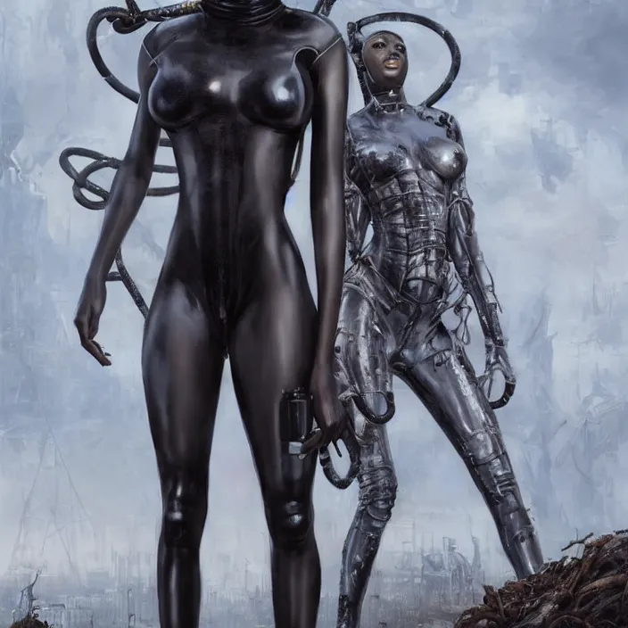 Prompt: african domme mistress, full body, black supremacy, rubber and latex, postapocalyptic, smooth white surroundings, future, high tech, concept art, realistic painting, digital art by greg rutkowski, by alex grey