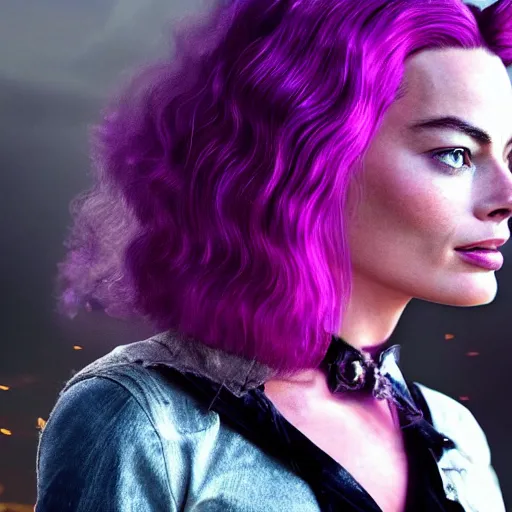 Prompt: an award winning cinematic still of beautiful Margot Robbie Wolverine with long purple hair in , 16k hyper realistic photograph, centered, dramatic lighting