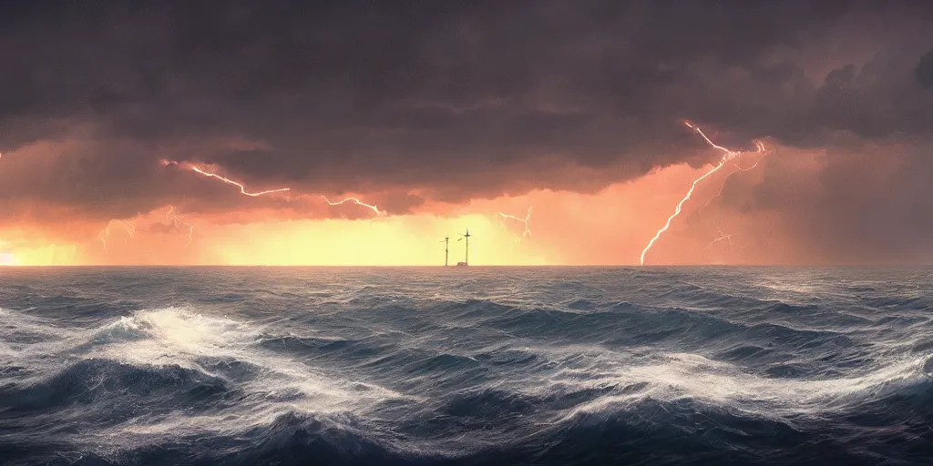 Prompt: A violent storm at sea, fork lightning, sunset, shafts of sunlight, foreboding and epic, film still, ultra wide angle, Greg Rutkowski and Studio Ghibli