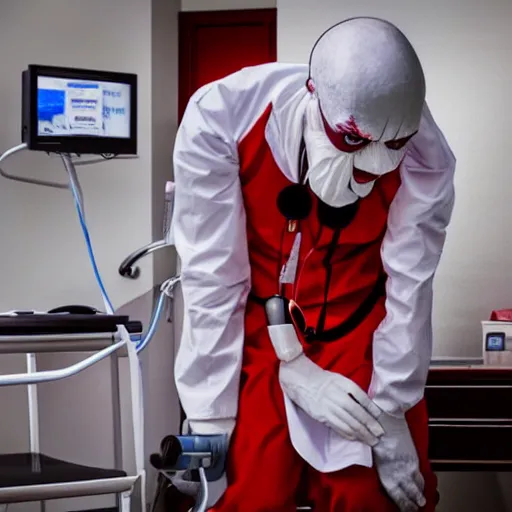 Prompt: dr pennywise wirking in the emergency room, using a stethoscope, wearing doctor clothes, dramatic