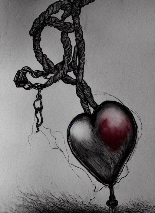 Image similar to portrait, An anatomical heart shaped balloon with a noose hanging from it, watercolor, dramatic lighting, cinematic, establishing shot, extremly high detail, foto realistic, cinematic lighting, pen and ink, intricate line drawings, by Yoshitaka Amano, Ruan Jia, Kentaro Miura, Artgerm, post processed, concept art, artstation, matte painting, style by eddie mendoza, raphael lacoste, alex ross