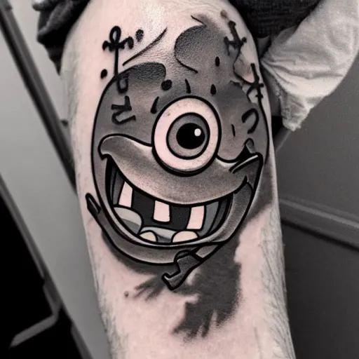 Image similar to spongebob circle pants, creepy, eerie, shadows, evil, dememnted, ultra realistic, hyper-realistic, 8k, 4k, tattoo art, tattoo,