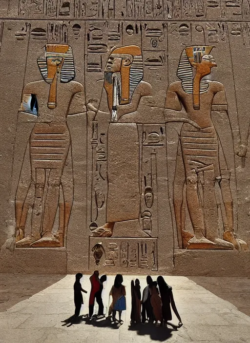 Prompt: a group of people standing infront of a massive egyptian statue, egyptian art by youssef howayek, pinterest, surrealism, egyptian art, sense of awe, majestic