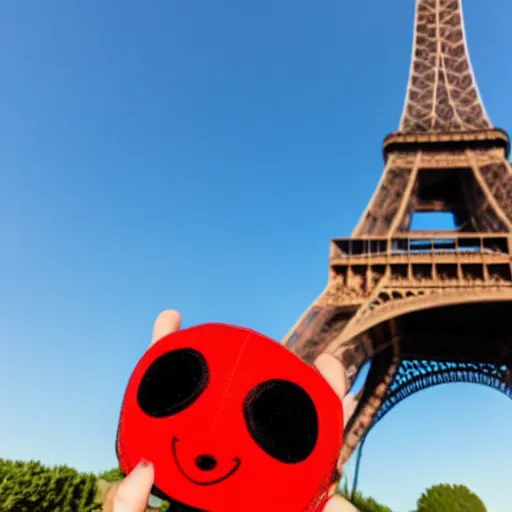 Prompt: Superhero Ladybug from Disney posing in front of the Eiffel tower in front of a blue sky on a sunny day, dynamic camera angle