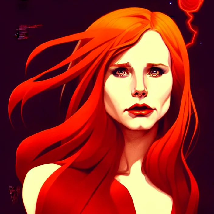 Image similar to style artgerm, joshua middleton, beautiful kristen bell with dark red dress, very long orange hair, symmetrical face, symmetrical eyes, fire powers fire swirling, detailed, volcano setting, cinematic lighting