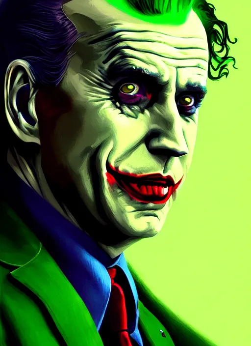 Image similar to portrait of joe biden as the joker, green hair, intricate, elegant, glowing lights, highly detailed, digital painting, artstation, concept art, sharp focus, illustration, art by wlop, mars ravelo and greg rutkowski