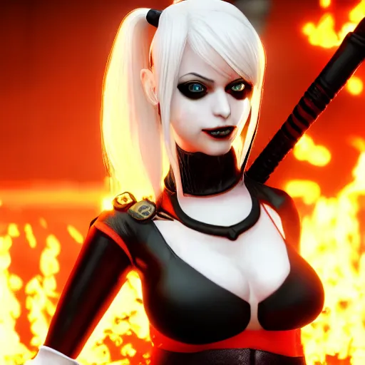 Image similar to photo of Harley Quinn as 2B nier automata, fire in background, bokeh, medium full shot, highly detailed skin and detailed face, artstation, artstation HQ, hd, 4k resolution