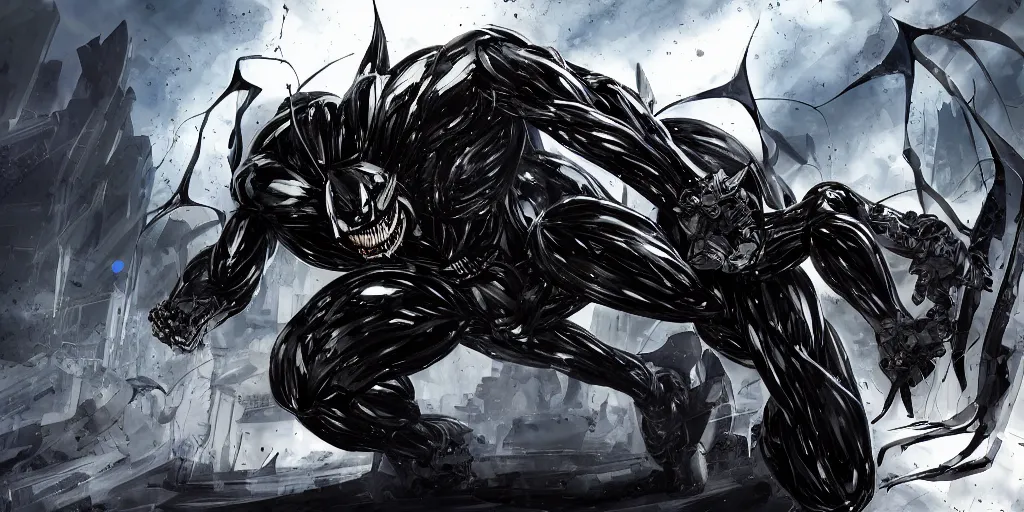 Image similar to Batman Mecha exposed to the symbiote and became Venom. concept art,high detailed,fine art,trending on Artstation, smooth draw,Sharp focus.
