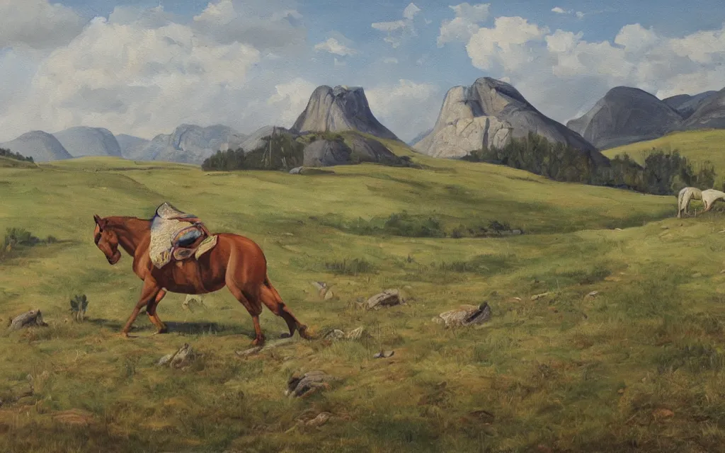 Prompt: a painting of a crazy horse during a heatwave in norway countryside, oil on canvas, by constantin hansen