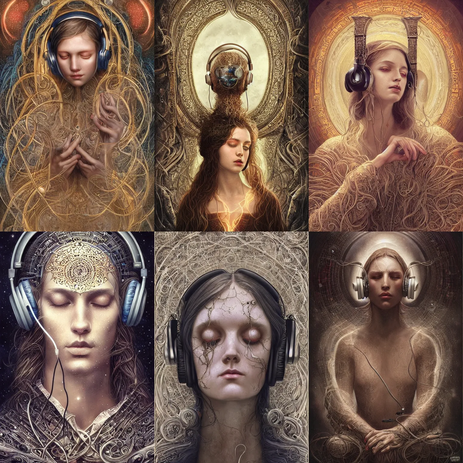 Prompt: wizard, listening to godly music, futuristic headphones, music in the air, ancient, closed eyes, highly detailed, perfect proportions, highly intricate, art by tom bagshaw and alex gray