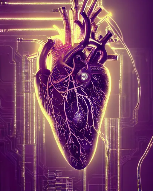 Prompt: a human heart cyberpunk style, revealing wires and electronics, hooked - up, sci - fi, missing panels, intricate abstract upper body intricate artwork, concept art, octane render, deviantart, cinematic, key art, hyperrealism, iridescent accents, portrait photograph, nikon 3 5 mm, photograph by greg rutkowski