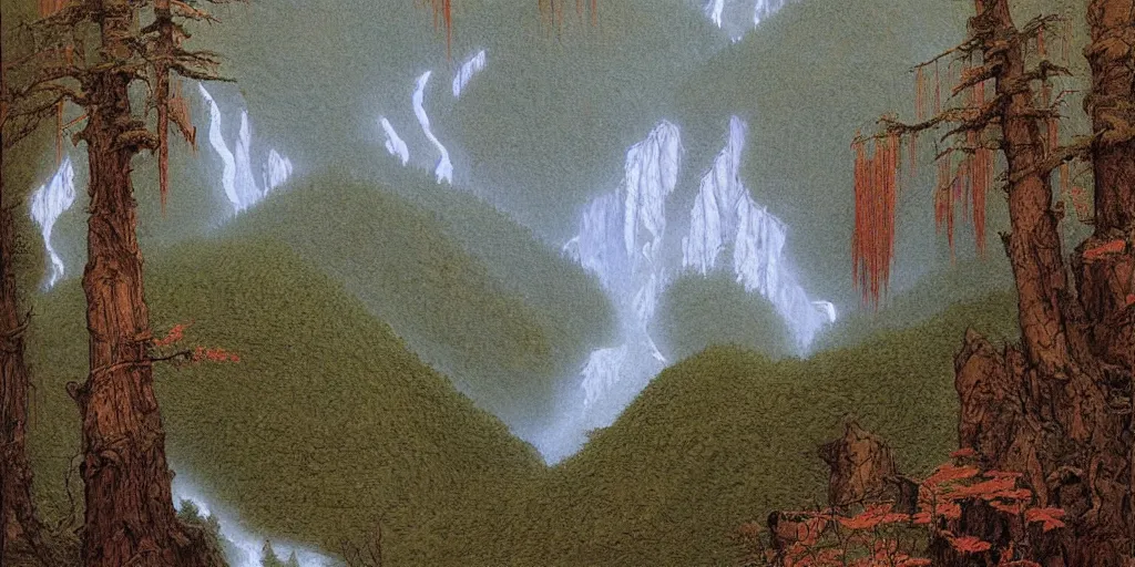 Prompt: art by john howe of the cinematic view of the jiuzhaigou valley forest