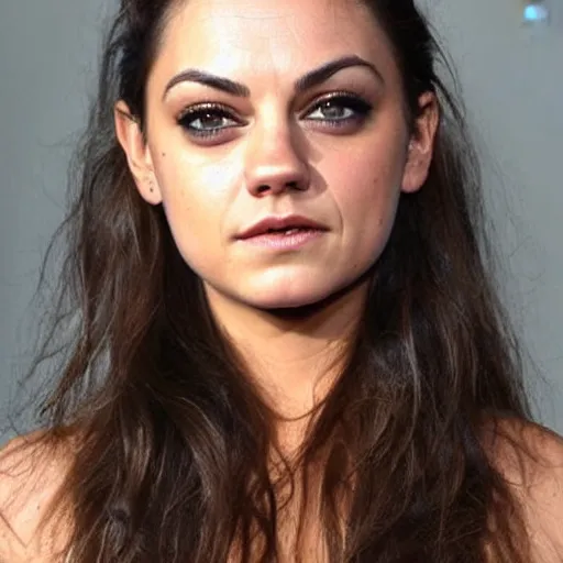 Image similar to a woman who is a genetic combination of mila kunis and emma watson face and upper - body focus