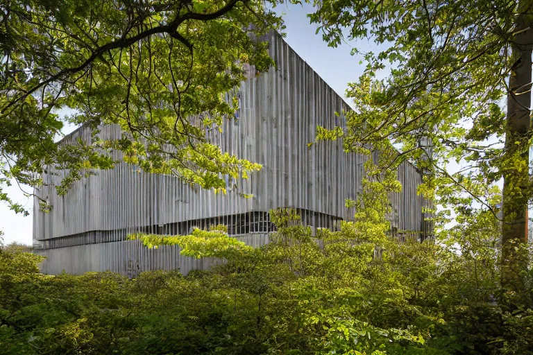 Prompt: brunel university lecture hall, brutalist architecture, built by tadao ando, overgrown with foliage, volumetric lighting