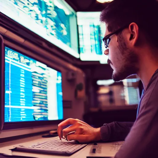 Image similar to A man pointing angrily at his computer monitor on the space station, 35mm, f/1.4, f1.8 anamorphic, bokeh, 4k, Canon, Nikon