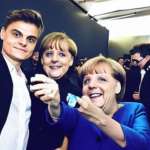 Image similar to martin garrix taking a selfie with angela merkel