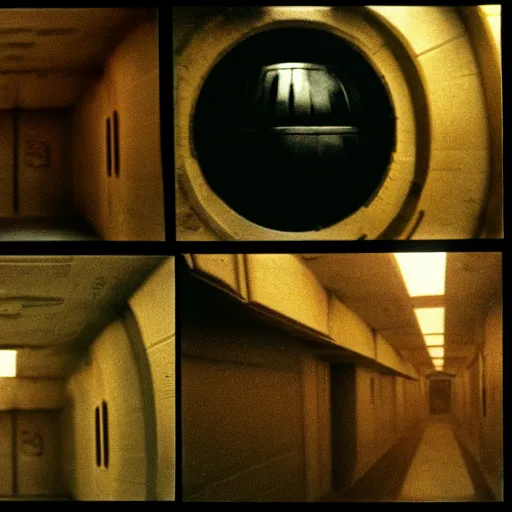 Image similar to flash low quality photograph of star wars 1 9 7 7 sets, mustard - death star corridor, empty liminal space, very dark shadows, broken fluorescent lighting, horror movie scene, film grain