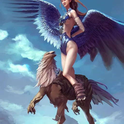 Image similar to Art station concept of a beautiful girl riding a gryphon, symmetrical face, smooth body features, by Stanley Artgerm Lau, WLOP, Rossdraws, James Jean, Andrei Riabovitchev, Marc Simonetti, and Sakimichan, trending on artstation