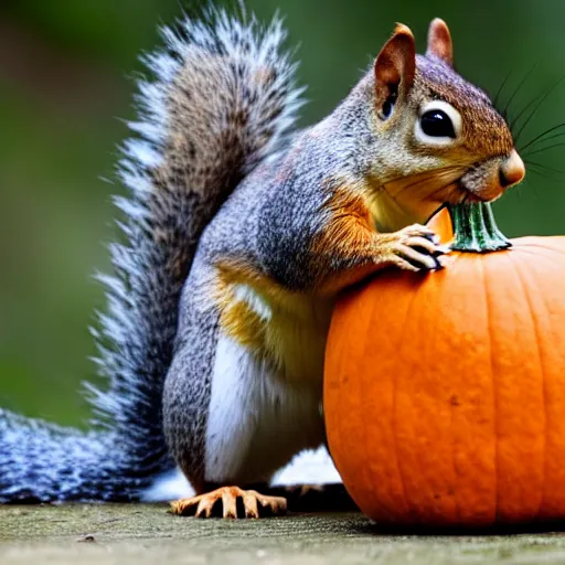 Image similar to squirrel with pumpkin instead of a head