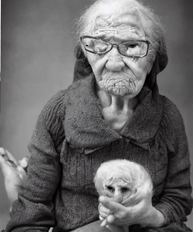 Prompt: there's something wrong with grandma, photo, creepy, upsetting, offputting