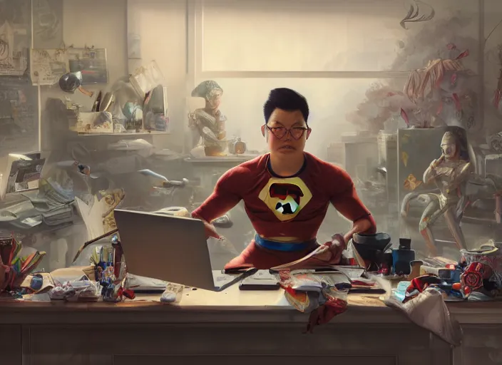 Image similar to an insanely detailed painting of an asian man wearing a homemade superhero costume, sitting at a desk, staring seriously at the computer and typing, in the style of peter mohrbacher, james jean, artgerm, dramatic lighting and composition, surreal background, octane render, pixar, trending on artstation, concept art, comic book, view from behind, 8 k