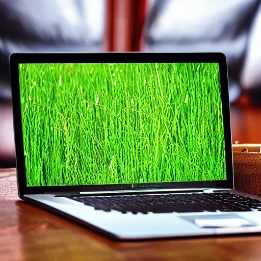 Prompt: me choosing my favourite blades of grass created by an AI on a laptop screen, photo realistic, 8K