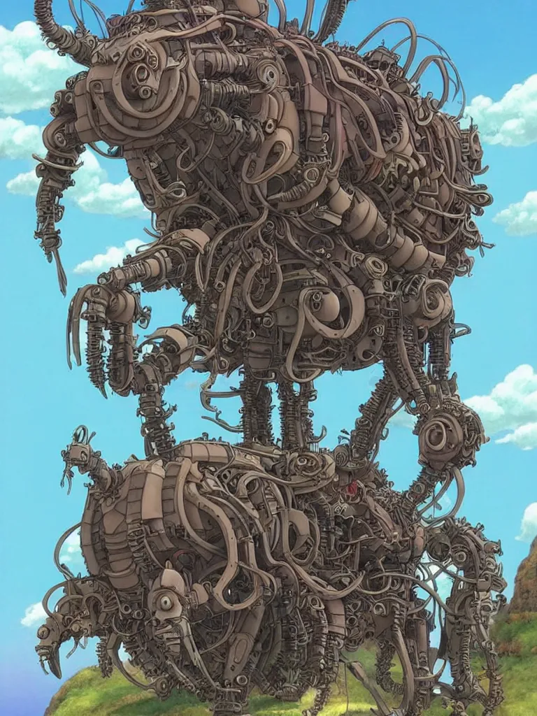 Image similar to A Lovecraftian giant mechanized mule from Studio Ghibli Howl's Moving Castle (2004) full body, 4k, highly detailed. award winning sci-fi. look at all that detail!