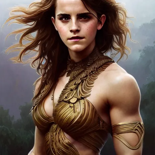 Image similar to portrait of emma watson, muscular, upper body,big chest, amazon warrior, fantasy, intricate, elegant, highly detailed, digital painting, artstation, concept art, matte, sharp focus, illustration, art by Artgerm and Greg Rutkowski and Alphonse Mucha