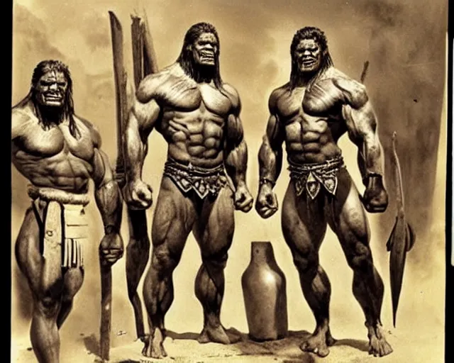 Prompt: hyper realistic group vintage photograph of a warrior orc tribe, tall, muscular, hulk like physique, tribal paint, tribal armor, highly detailed