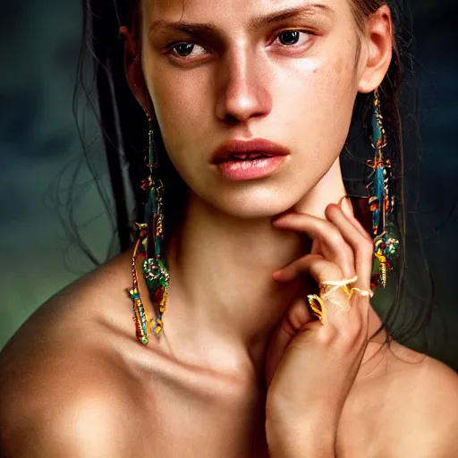 Image similar to portrait of a stunningly beautiful eastern european tribal female, depth of field, zeiss lens, detailed, symmetrical, centered, fashionc photoshoot, by Annie Leibovitz and Steve McCurry, David Lazar, Jimmy Nelsson, Breathtaking, 8k resolution, extremely detailed, beautiful, establishing shot, artistic, hyperrealistic, beautiful face, octane render