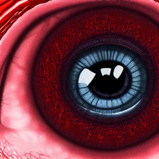 Image similar to a detailed extremely close up of inside the iris, cornea, red image, microscopic, extremely close up drawing by junji ito, cgsociety, generative art, lovecraftian, parallax, cosmic horror, extremely detailed, hyperrealism, unreal engine, octane render, award winning, masterpiece, highly detailed, realistic, 4 k, digital