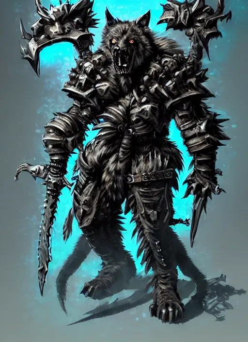 Image similar to Full body portrait of a scary gnoll wolf man. Armour made of human skulls. Giant War Scythe. Glowing blue eyes In style of Yoji Shinkawa and Hyung-tae Kim, trending on ArtStation, dark fantasy, great composition, concept art, highly detailed.