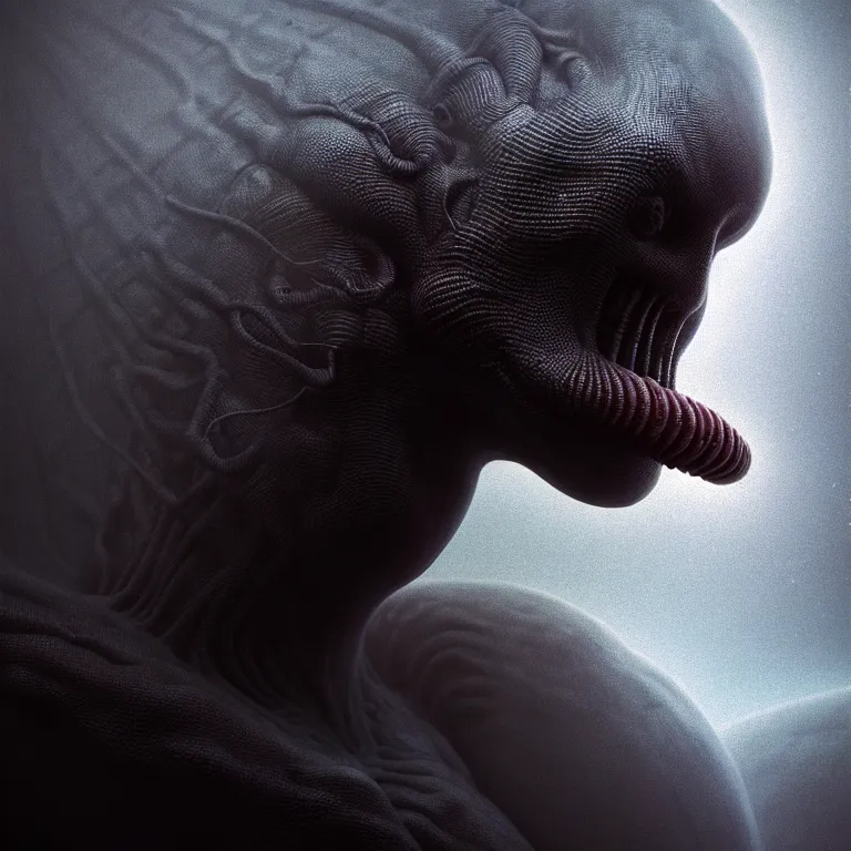 Prompt: closeup portrait of ribbed alien kissing hominidae, lucid dream - like heavy atmosphere, baroque painting, harsh flash photo, perfect composition, detailed octane render trending on artstation, 8 k artistic photography, volumetric cinematic perfect light, chiaroscuro, masterpiece, raphael, caravaggio, beksinski, rutkowski, beeple