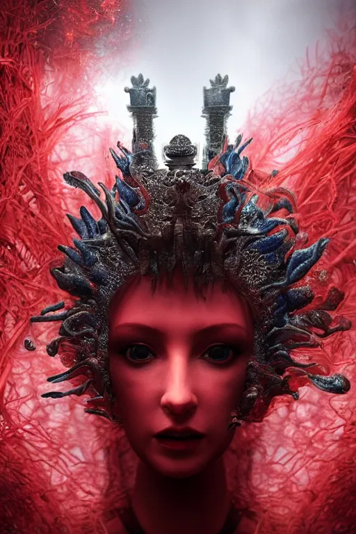 Prompt: extremely detailed movie shot closeup portrait of a beautiful empress girl, red fabric coat, black smoke and vapor in the background, by denis villenueve, yves tanguy, ernst haeckel, roger dean, amano, dynamic composition, rich moody colour, 8 k, uhd, zbrush, unreal engine, face symmetry, nice looking face