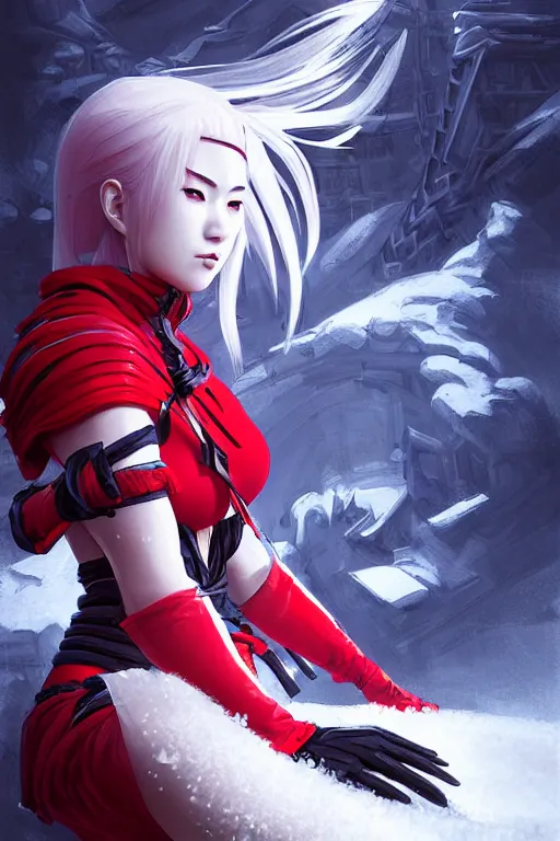 Prompt: portrait of a very beautiful female ninja gaiden momiji, stormy snowy fiji mountain, angular and altermodern, highly detailed, artstaion, digital painitng, radiant light, ultrafine detailed illustration by ayanamikodon and greg rutkowski and wlop and artgerm,