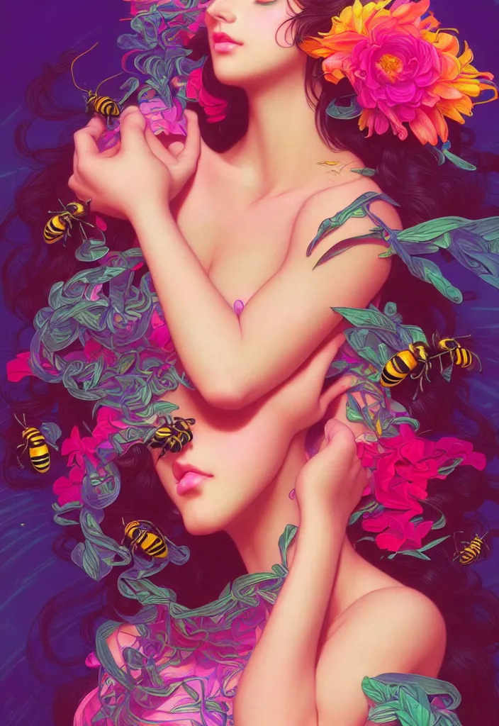 Image similar to young beautiful woman, gorgeous face, vaporwave aesthetic, synthwave, colorful, psychedelic, artstation, flowers, bees, ribbons, concept art, smooth, extremely sharp detail, finely tuned detail, 8 k, unreal engine 5, ultra sharp focus, illustration, art by artgerm and greg rutkowski and alphonse mucha