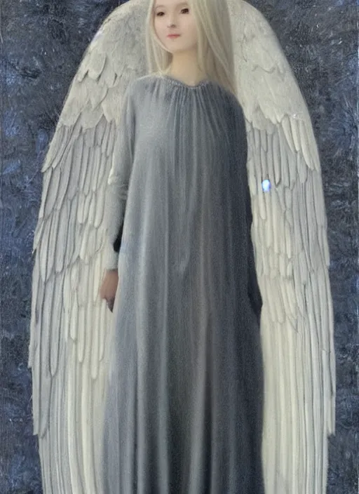 Image similar to thin young beautiful angel with silver hair so long, pale!, wearing white robes!, wearing silver hair, silver angel wings, young adorable korean face, silver hair!!, oil on canvas, style of fernand khnopff, 4 k resolution, aesthetic!,