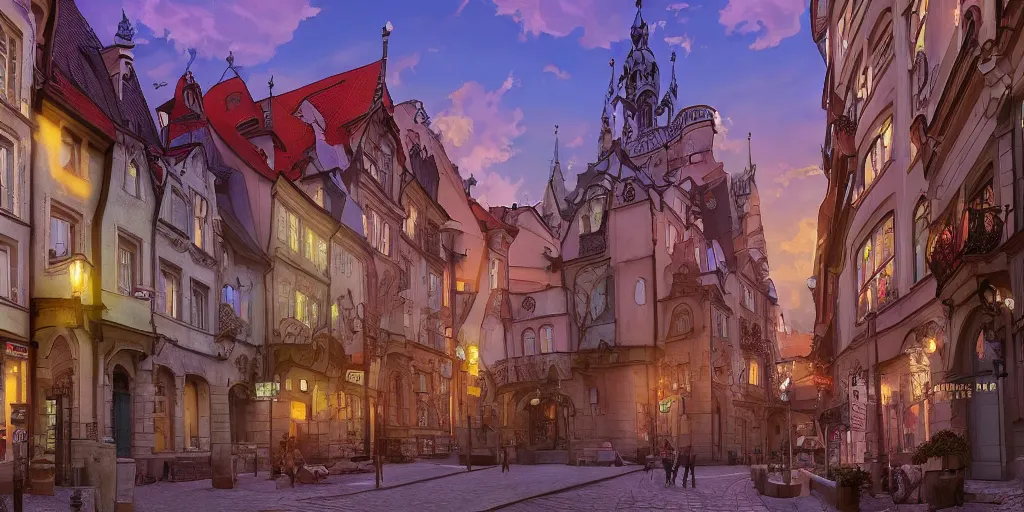 Image similar to art nouveau prague old town, pixar style, ghibli studio, anime style, 8 k hdr, octane render, unreal engine 5, trending on deviantart, natural lighting, path traced, highly detailed, high quality, godrays, complementary colors, beautiful landscape, cartoon, high coherence, soft lighting, soft colors, digital art, digital painting, matte