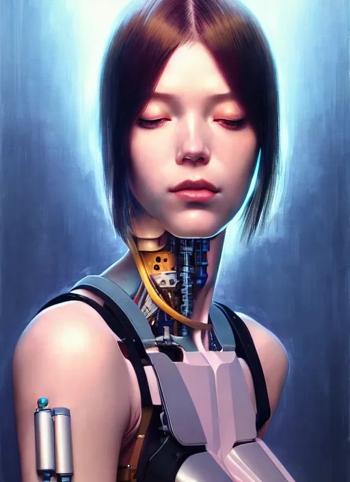 Image similar to side portrait of cyborg girl with robotic parts | | head only in center of image, audrey plaza, fine detail!! anime!! realistic shaded lighting!! poster by ilya kuvshinov katsuhiro otomo ghost - in - the - shell, magali villeneuve, artgerm, jeremy lipkin and michael garmash and rob rey