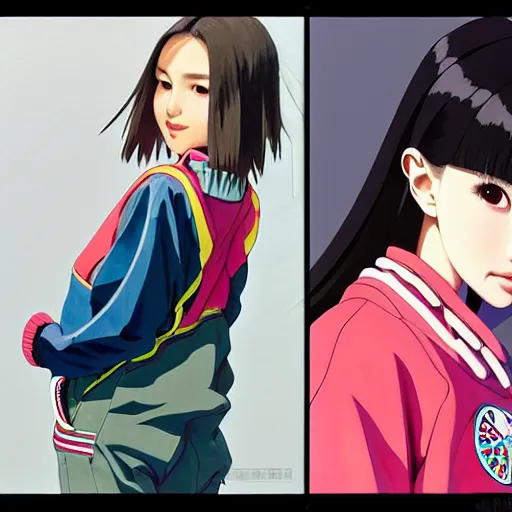 Image similar to a beautiful japanese natalie portman gravure model, wearing oversized native designer bomber jacket and leotard with overalls, bulky poofy bomber jacket with mesoamerican patterns, mesoamerican native street fashion, gapmoe yandere grimdark, trending on pixiv fanbox, painted by greg rutkowski makoto shinkai takashi takeuchi studio ghibli, akihiko yoshida