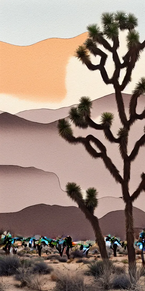 Image similar to hyper detailed Joshua tree desert watercolor painting, boho, mid century, modern, beige and Grey sunset, finely detailed, hd, 8k minimalism, edge to edge, 8k