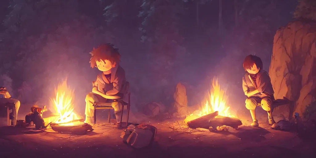 Prompt: a wholesome animation key shot of a focused traveler sitting at a campfire at night, medium shot, waist up, studio Ghibli, Pixar and Disney animation, sharp, very detailed, high resolution, Rendered in Unreal Engine 5, anime key art by Greg Rutkowski, Bloom, dramatic lighting