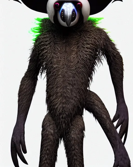 Prompt: realistic bipedal sloth character, long curly fur, full skull shaped face cover, mage robe based on a toucan, 6 toucan beaks, in the style of h. r. giger, stylized, video animation, hogwarts legacy, chromatic aberration, super natural, neon glow