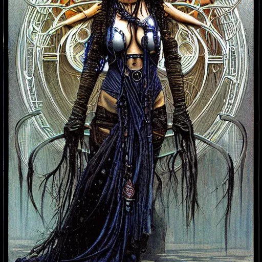 Prompt: a portrait of a female art nouveau cyberpunk shaman by ted nasmith and luis royo